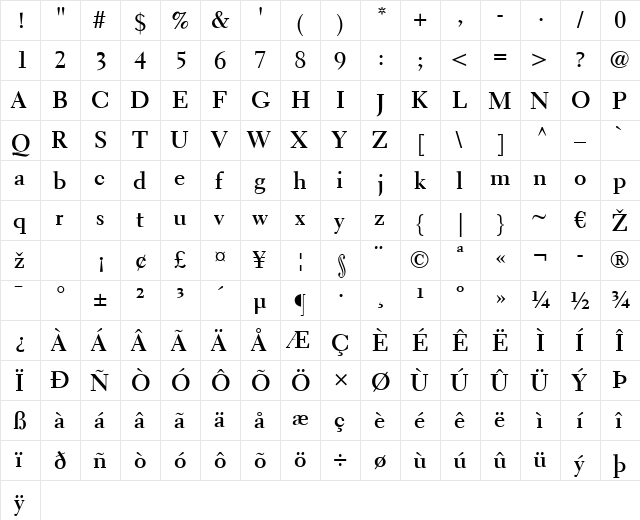 Electra LT Regular Bold  glyph index