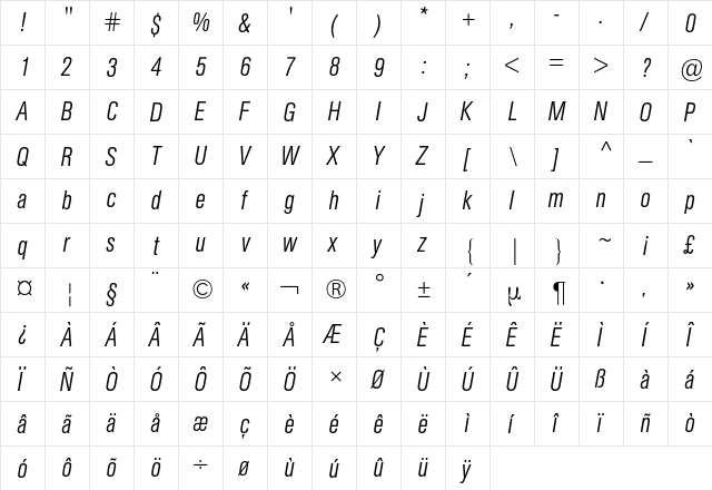 AG Buch Condensed BQ Regular  glyph index