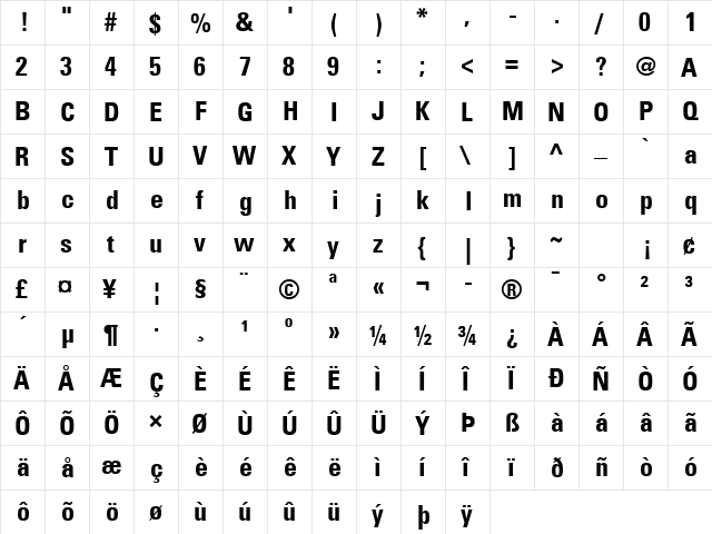 Univers 47 CondensedLight Bold  glyph index