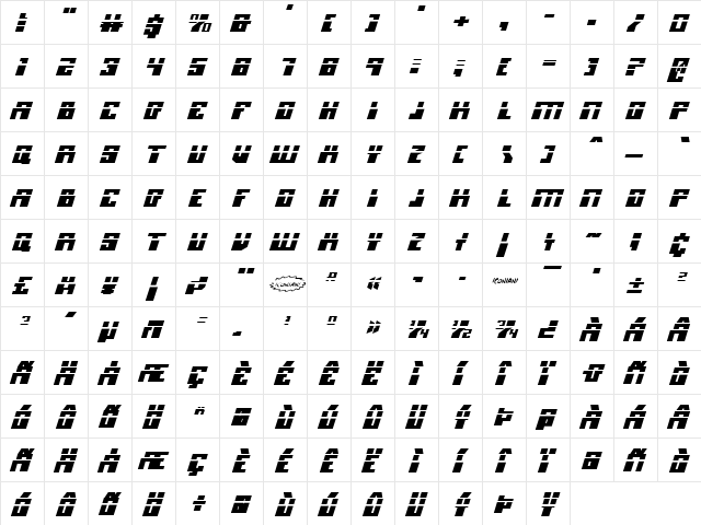 Micronian Laser Italic Italic  glyph index