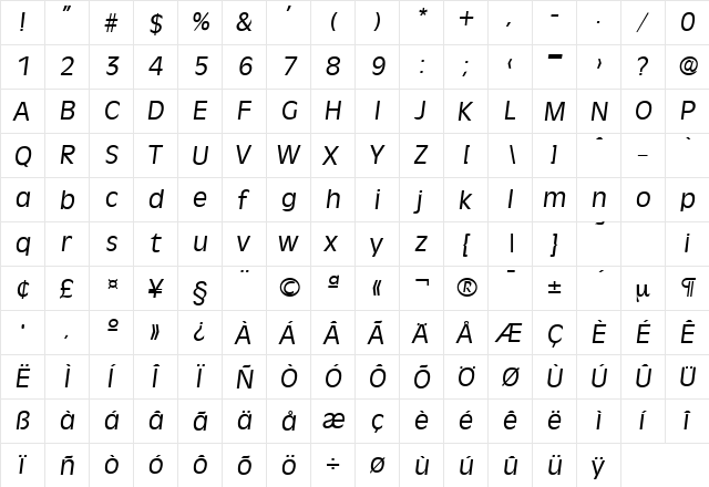 Ravenna-Serial RegularItalic  glyph index