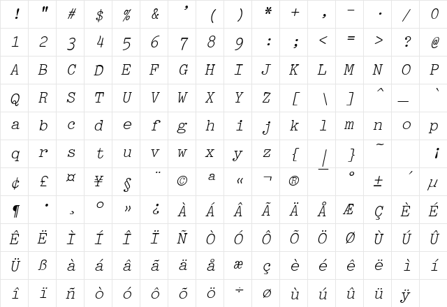 Pica Italic  glyph index