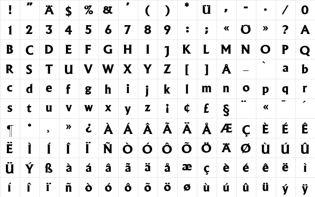 AlbertusSH Bold  glyph index