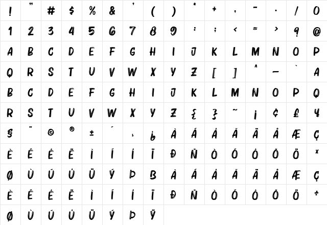Bruzh Regular  glyph index