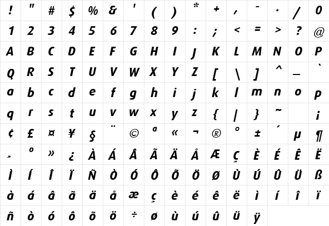 Dax-BoldItalic Regular  glyph index