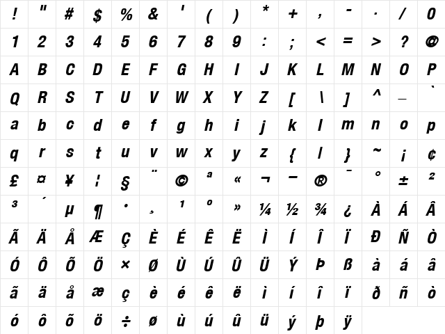 Helvetica77-Condensed BoldItalic  glyph index