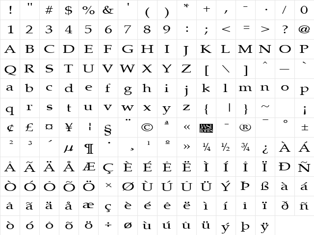 PalisadeBroad Regular  glyph index