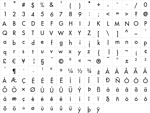 Futura LT Regular  glyph index