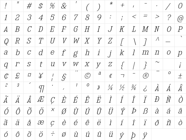 Kingsbridge ExtraLight Italic  glyph index