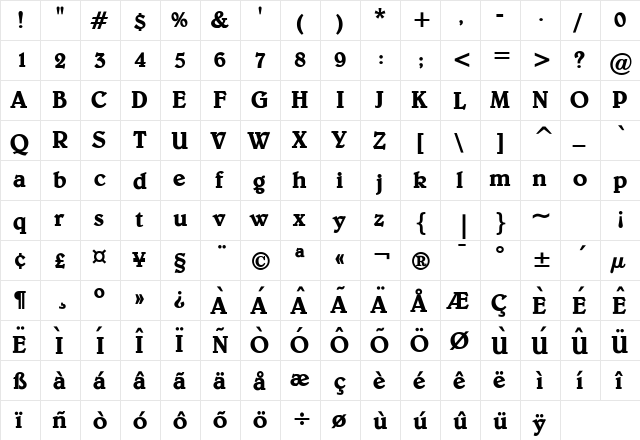 Blew Bold  glyph index