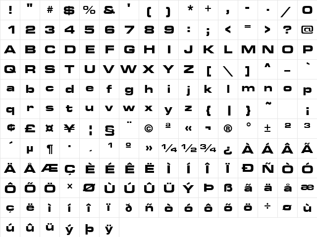 Eurostile Extended Bold  glyph index