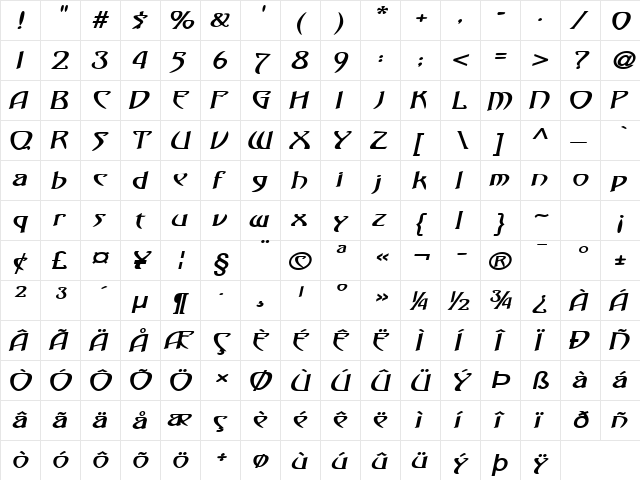 Saga-Expanded Bold Italic  glyph index