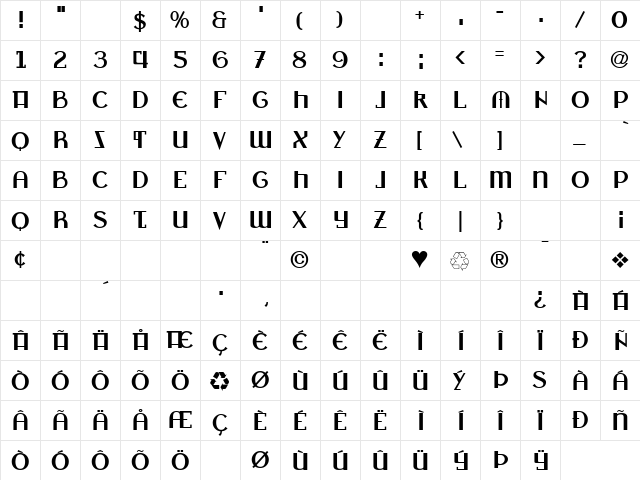 Zagora Bold  glyph index