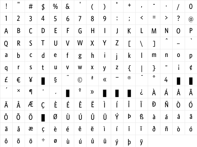 WhitneyCondensed Medium  glyph index