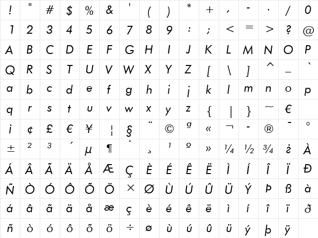Futura Bk BT Book Italic  glyph index