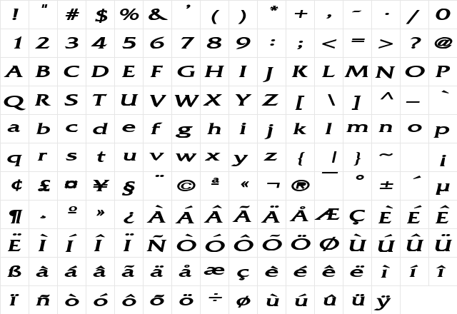 Franco Extended Bold Italic  glyph index