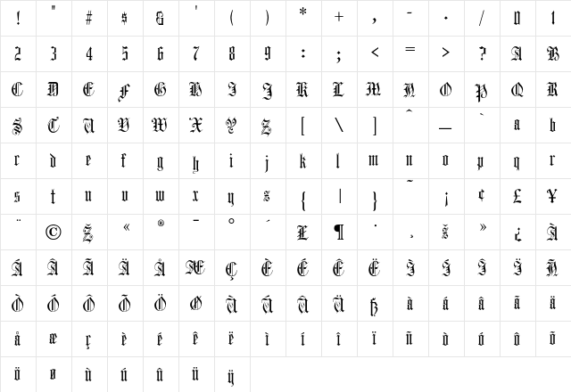 Harrowgate Regular  glyph index