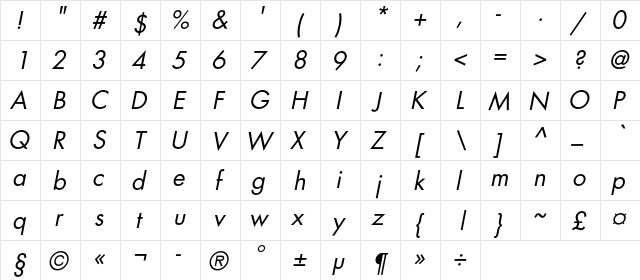AGFatumC Italic  glyph index