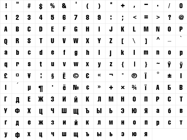 HeliosCompressed Regular  glyph index