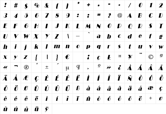 BroadwayCondItalic Regular  glyph index