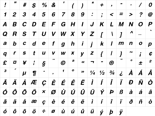 Helvetica Rounded Bold Oblique  glyph index