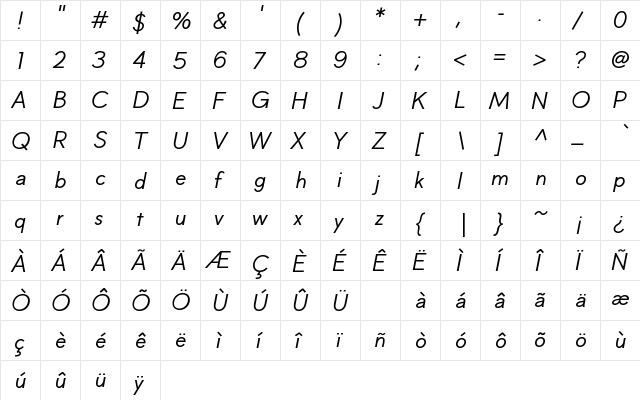KingsHatSansItalicA1 Regular  glyph index