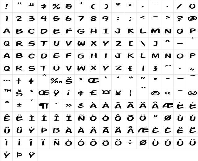 Action Man Extended Regular  glyph index