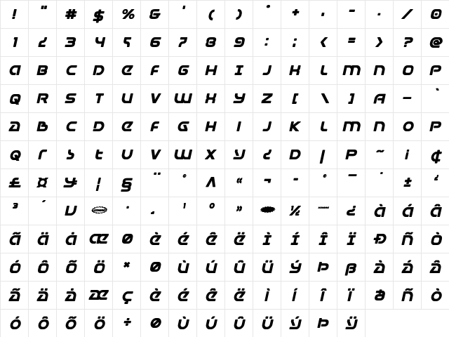 Universal Jack Bold Italic Bold Italic  glyph index