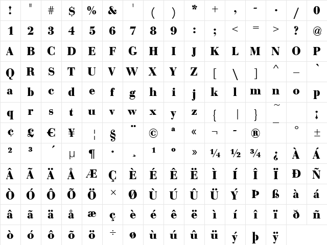 Bodoni-CE-Bold Regular  glyph index