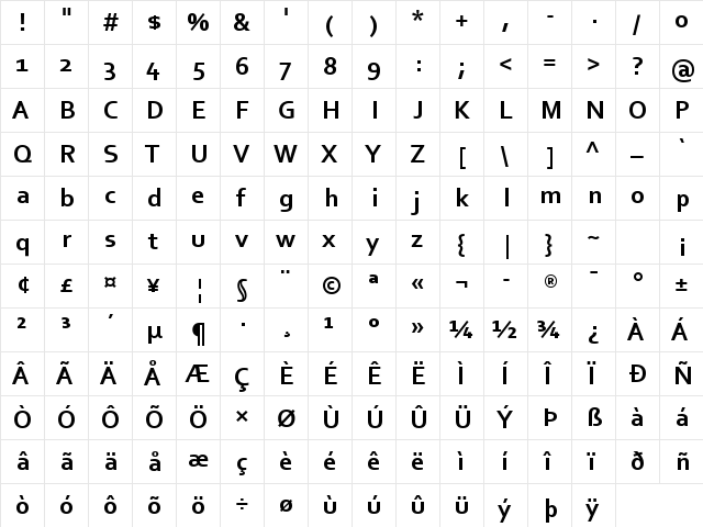 Corbel Bold  glyph index