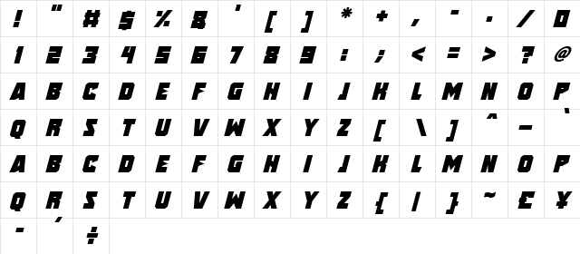 Speed Freaks Italic  glyph index