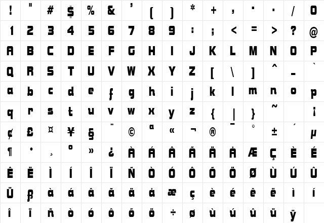 NutsCondensed Regular  glyph index