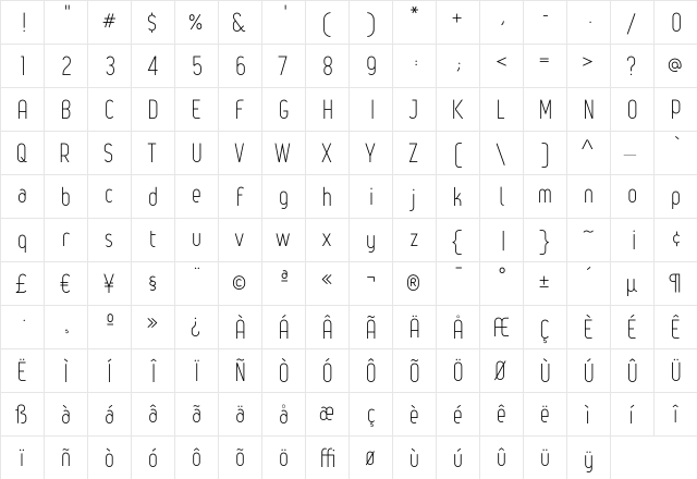 Leger Light  glyph index