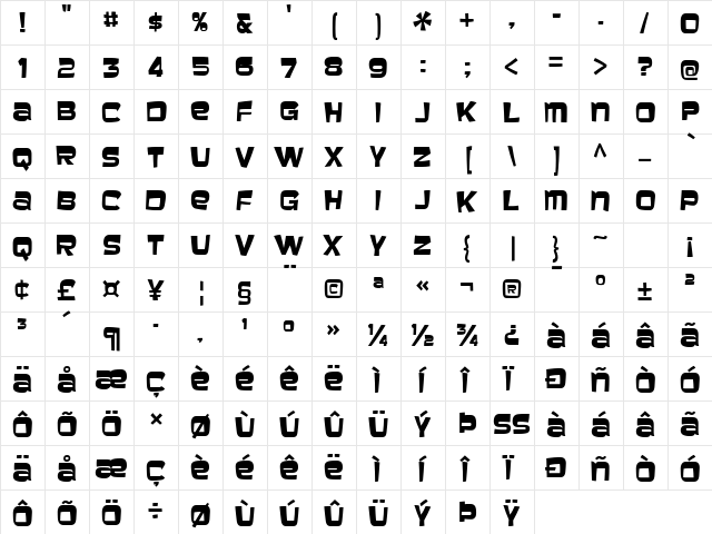 Baveuse Regular  glyph index