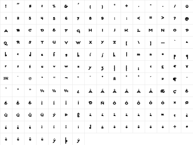 Captain Swabby NF Regular  glyph index