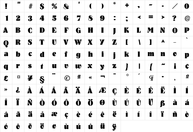 Nashvi Heavy  glyph index