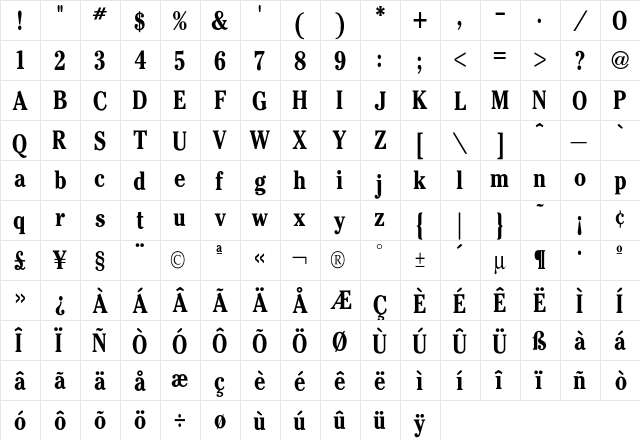 Cheltenham CondBold  glyph index