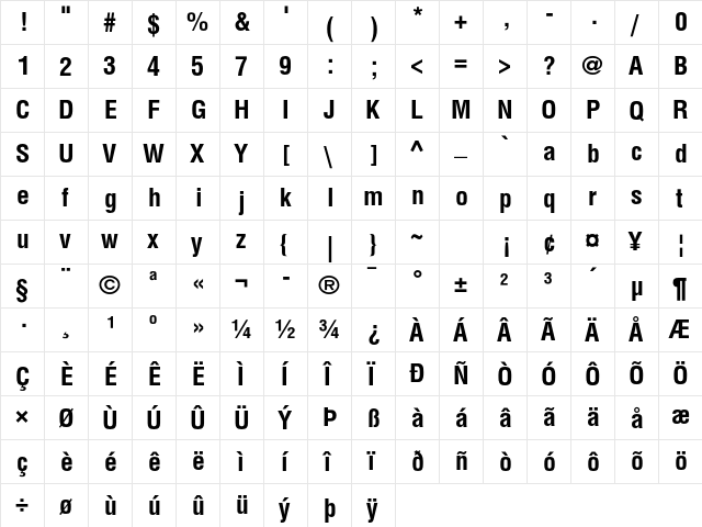 Helvetica LT Std Bold Condensed  glyph index