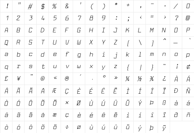 Larabiefont Italic  glyph index
