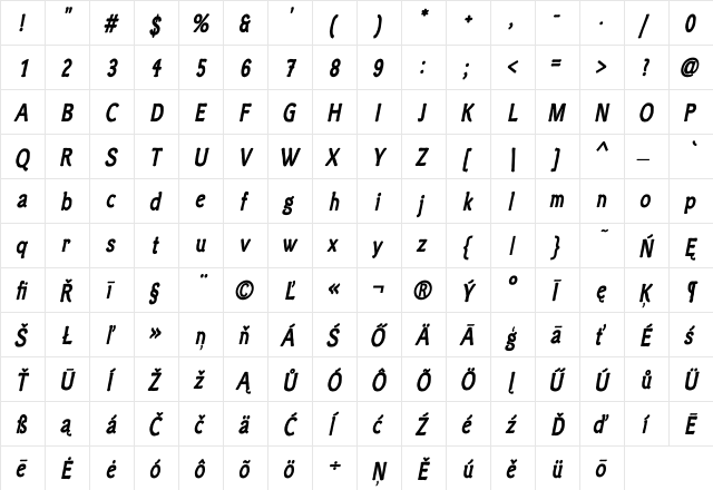 ClicheeCE BoldOblique  glyph index
