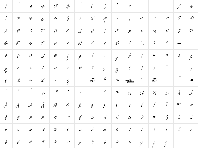HandScript Regular  glyph index