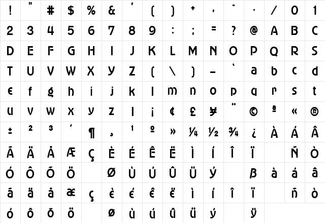 MadisonThin Bold  glyph index