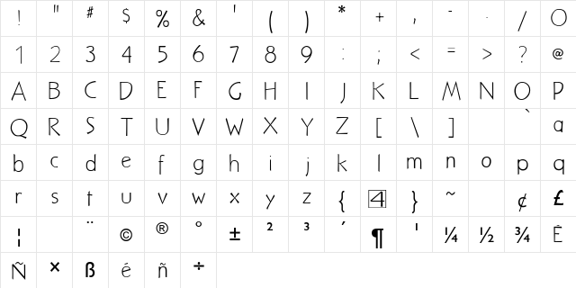 NuevoLitho Light  glyph index