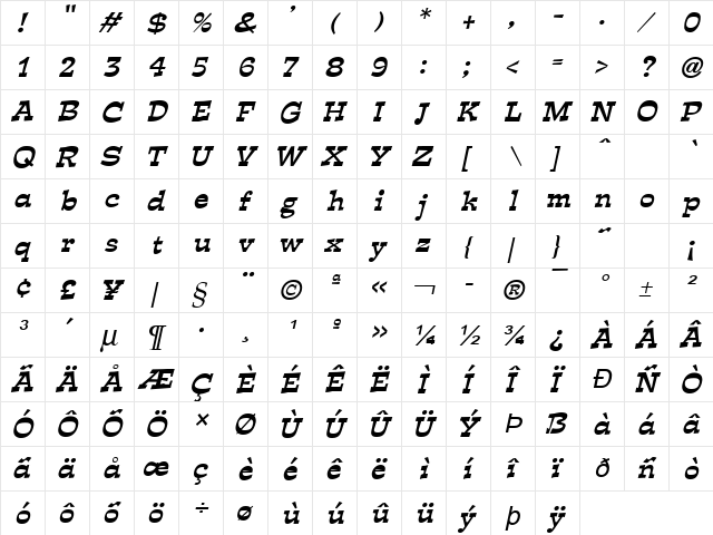 Expose Italic  glyph index