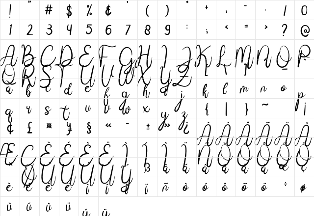 Janji Cinta Regular  glyph index