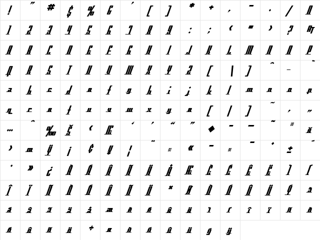 SF Americana Dreams Bold  glyph index