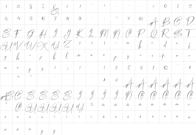 Hantoria Signature NoLigature Regular  glyph index