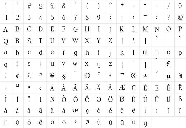 Toledo-Light Regular  glyph index