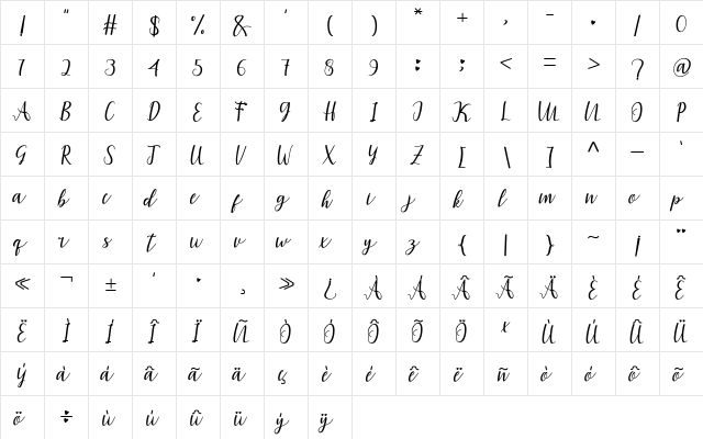 amira script Regular  glyph index