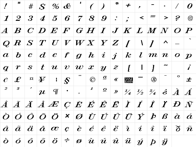 RubyScriptBroad Bold  glyph index